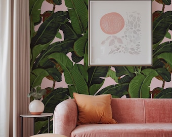 Pink Banana Leaf Tropical Rainforest Wallpaper, Jungle Palm Tree Leaves Print, Boho Nature Wall Decor