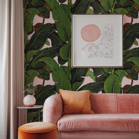 Pink Banana Leaf Tropical Rainforest Wallpaper, Jungle Palm Tree Leaves Print Boho Decor, Vibrant Nature Wall Covering