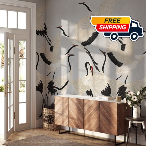 Gray Heron Print Wallpaper, Crane Wallpaper, Removable Wallpaper, Elegant Crane Dance Wallpaper, Graceful Bird Design