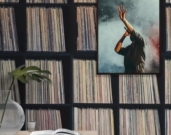 Vintage Record Vinyl Collection Music Wallpaper, Old Books Shelf Vintage Wall Decor, Office Decor, DIY Wall Art