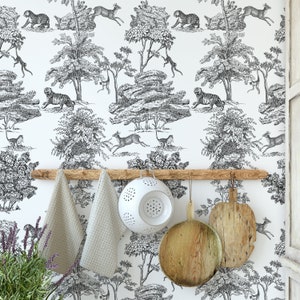 Retro Vintage French Toile de Jouy Wallpaper, Black and White Etching wall decor