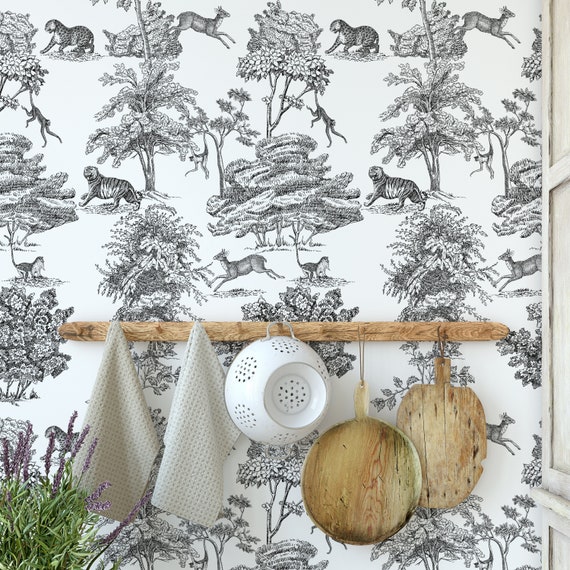 Retro Vintage French Toile de Jouy Wallpaper, Black and White Etching wall decor