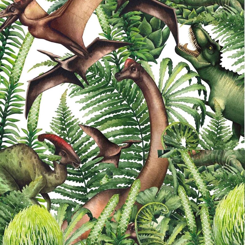 Watercolor Dinosaur Wallpaper for Kids Room, Green Jungle Dino Nursery Wall Decor, Prehistoric Animals Wallpaper image 5