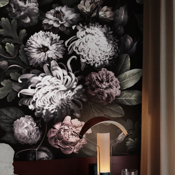 Peony Wallpaper for Dark Floral Mural, Wild Flowers Modern Wall Art Bedroom Decor