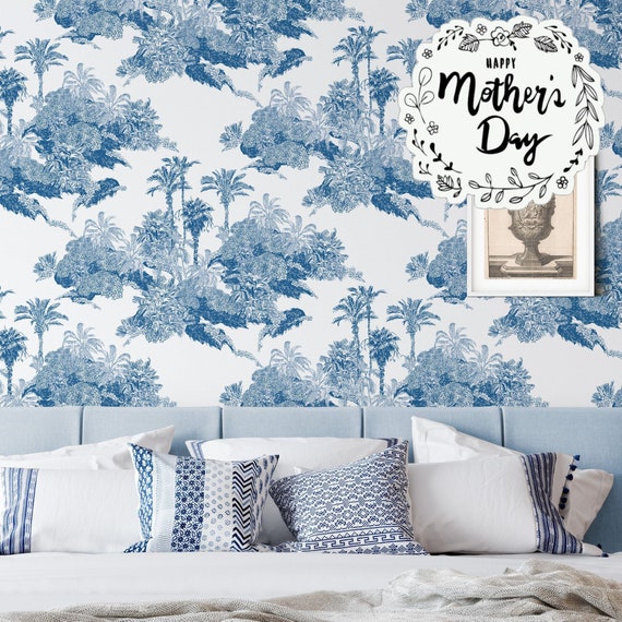 Tropical Blue Toile de Jouy Wallpaper - Exquisite Nature-Inspired Wall Decor for a Serene and Enchanting Ambiance