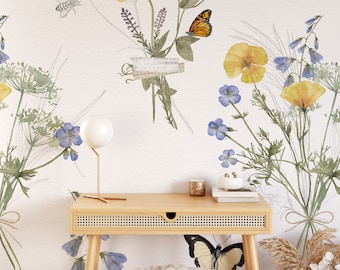 Tapete Blumenwiese mit Schmetterling, Blumen Kinderzimmer Dekor, bunte Boho zarte Wanddeko