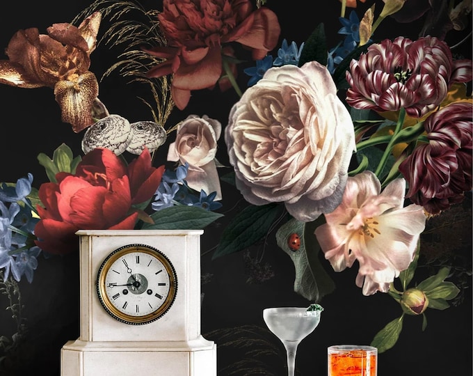Dark Floral Art Dutch Wallpaper,  Black Aesthetic Wall Decore for Feature Wall, White Peonies with Bright Color Art
