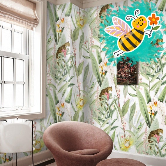 Tropical Jungle Wallpaper with Jaguar Animal, Aesthetic Decor Tiger Green and white Boho Wall Decor