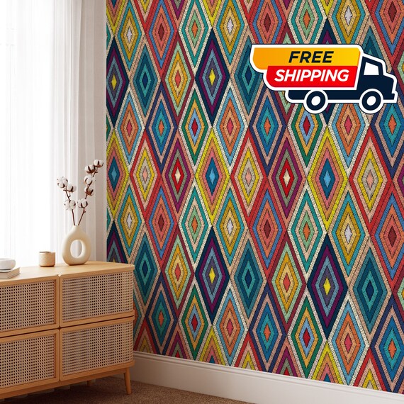 Patchwork Tribal Boho Wallpaper, Ethnic Wall Decor with Hand-Drawn Ornament