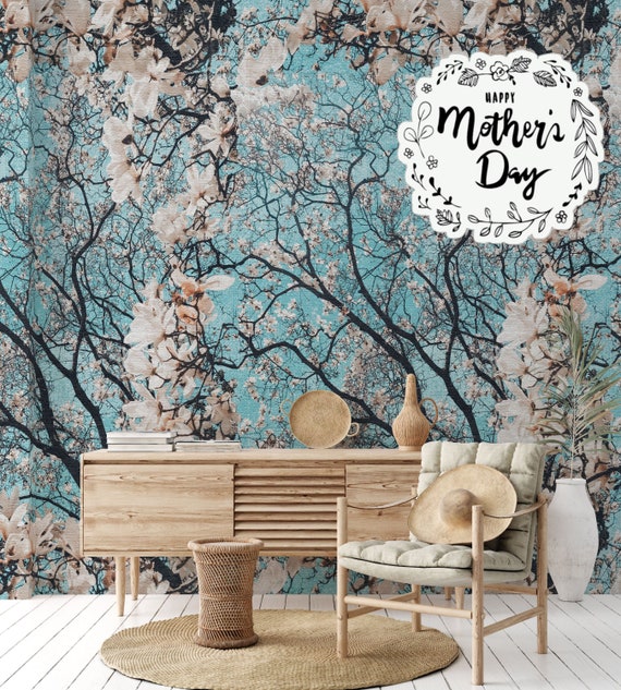 Almond Blossom Wallpaper, Floral Blossom Wall Decor, Sky Blue Background Elegant Wall Decor