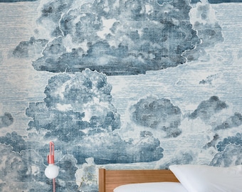Hand-Engraved Blue and White Cloud Wallpaper - Ethereal Wall Decor with Artistic Flair and Handcrafted Charm, Vintage Style Cloud Wallpaper