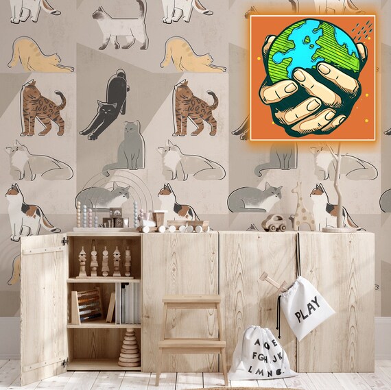 Cozy Cat Wallpaper for Blush Kids Room, Curious Cats Nursery Art for Accent Wall