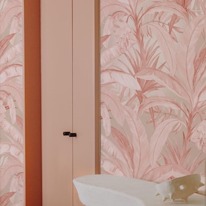 Pink Tropical Jungle Wallpaper, Unique Rose Gold Aesthetic Tropical Wall Decor, Palm Leaves Tropical Boho Decor in Blush Pink