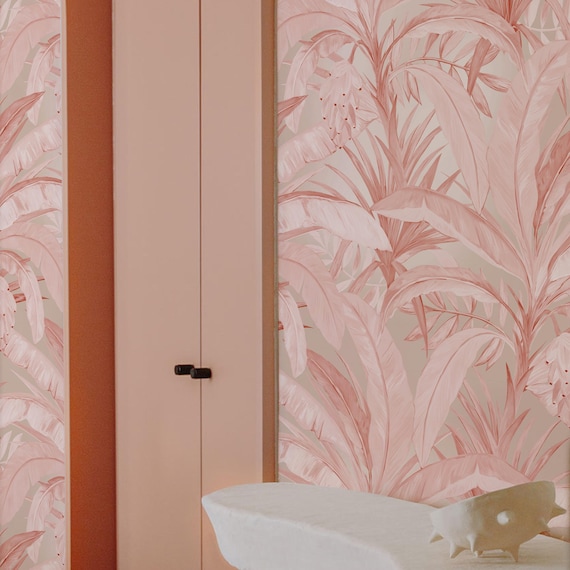 Pink Tropical Jungle Wallpaper, Unique Rose Gold Aesthetic Tropical Wall Decor, Palm Leaves Tropical Boho Decor in Blush Pink