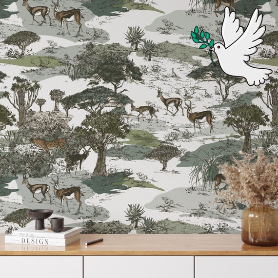 African Savannah Safari Wallpaper, Wild Animal Wall Art with Leopards and Antelopes