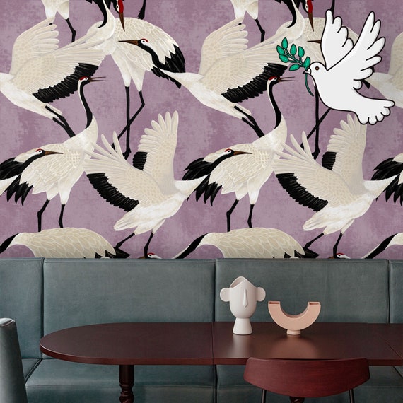 Japanese White Heron Wallpaper - Graceful Serenity on a Lilac Background, Lilac Pastel Chinoiserie Wall Art, Cute Purple Herons Wallpaper