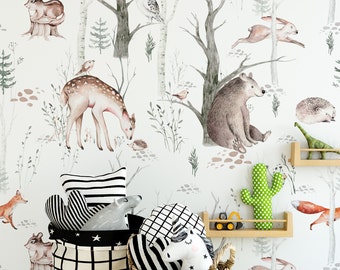 Watercolor Animals Woodland Wallpaper for Nursery Decor, Kids Room Forest Wall Decor, Backwoods Wall Art
