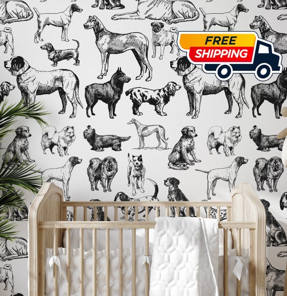 Dog Wallpaper in Black and White Hand Drawn Illustration, Dogs Wall Mural