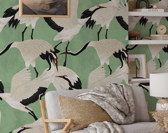 Best-Selling Japanese Green Heron Wallpaper - Serene and Romantic Design on Soft Green Background, Green Herons Wallpaper, Luxury Wallpaper