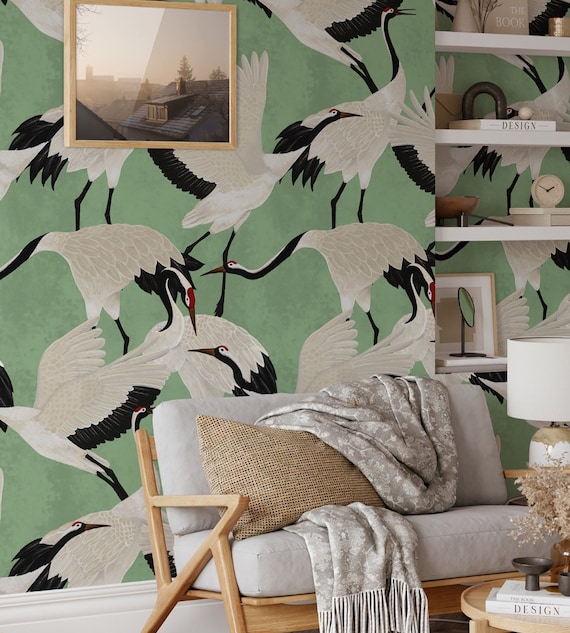 Best-Selling Japanese White Heron Wallpaper - Serene and Romantic Design on Soft Green Background, Green Herons Wallpaper, Luxury Wallpaper