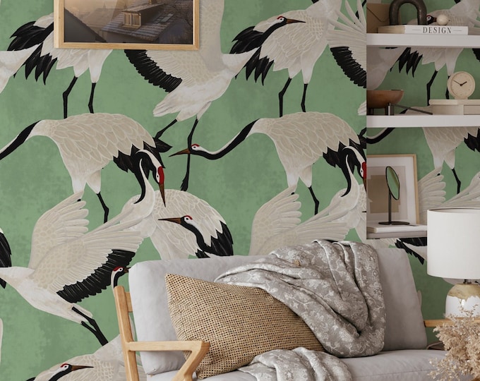 Best-Selling Japanese Green Heron Wallpaper - Serene and Romantic Design on Soft Green Background, Green Herons Wallpaper, Luxury Wallpaper