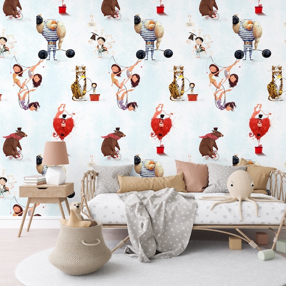 Watercolor Circus Nursery Wallpaper, Whimsical Circus Animals Retro Wall Art