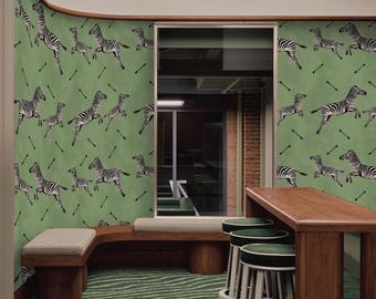 Green Flying Zebra Wallpaper - Jumping Zebras Wall Decor for Kids Room & Nursery, Unique Animal Wall Art, Safari Theme Home Decor