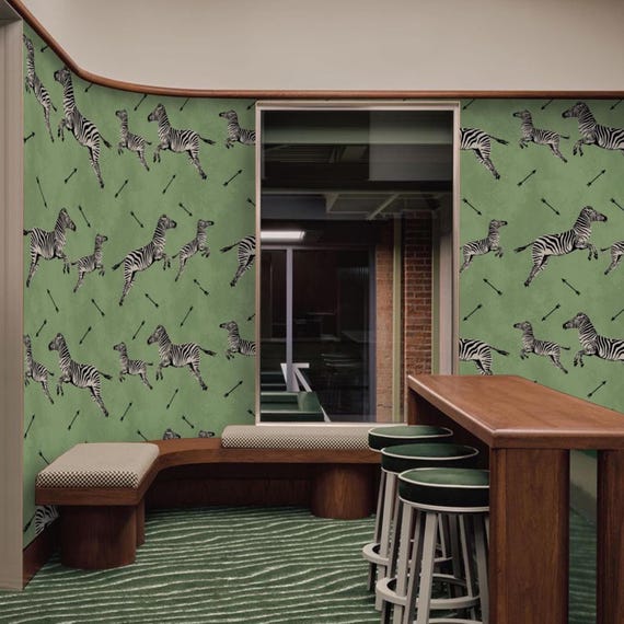 Green Flying Zebra Wallpaper - Jumping Zebras Wall Decor for Kids Room & Nursery, Unique Animal Wall Art, Safari Theme Home Decor
