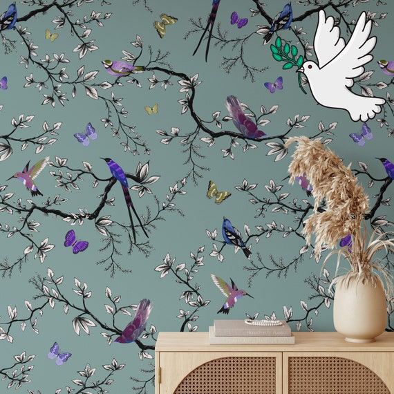 Birds and Butterflies Wallpaper for Children Room Decor, Sparrow Wall Decor