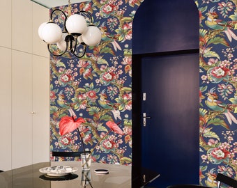 Vintage Asian Chinoiserie Wallpaper, Japanese Floral Print for Living Room Decor