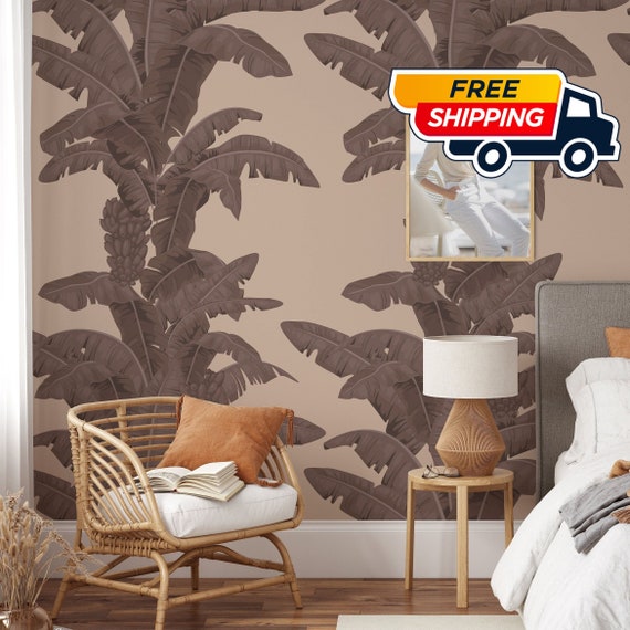 Vertical Brown Banana Leaves on Beige Wallpaper, Tropical Banana Leaves Wallpaper in Brown