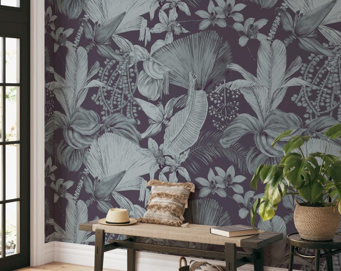 Monochrome Tropical Wallpaper | Elegant Botanical Jungle Design | Vintage Palm and Orchid Decor | Eco-Friendly & Removable
