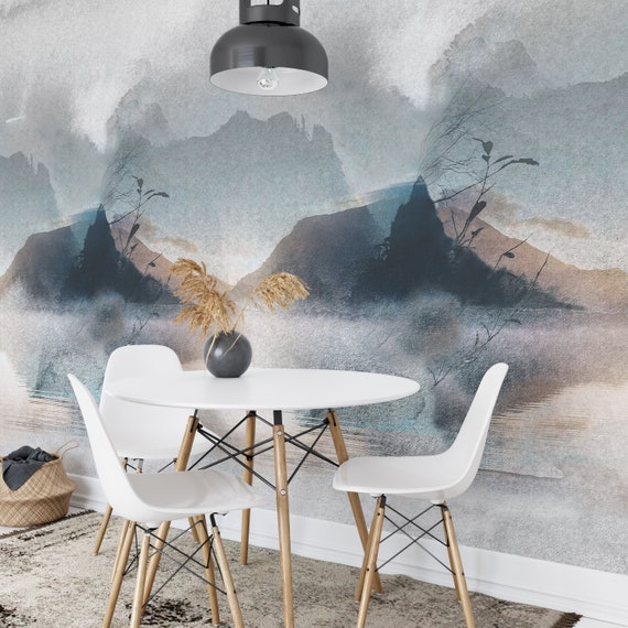 Extra Large Misty Mountain with Lake Watercolor wallpaper, Hazy Bue Mountain Pattern Wall Art, Trees Nordic Wall Decor