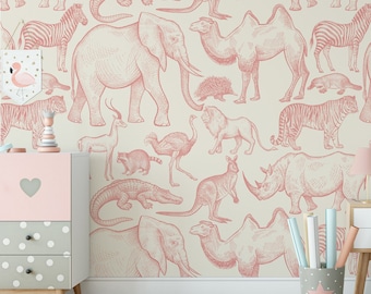 Wild Animals Pink Nursery Wallpaper, Watercolor Lion Elephant Giraffe Wall Decor for Baby Room, Kids Jungle Theme Art