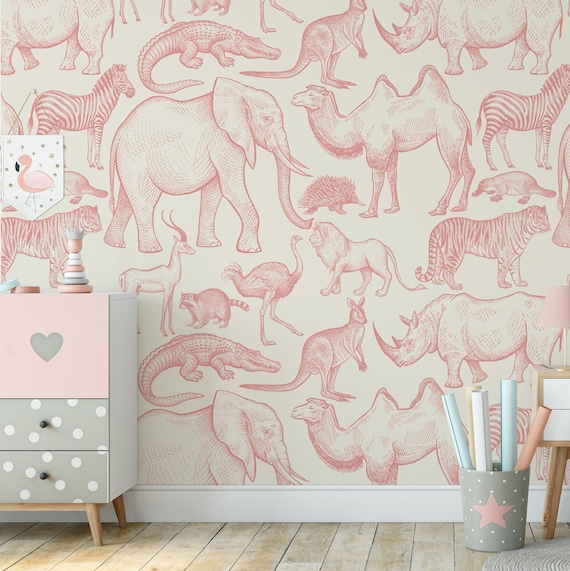 Wild Animals Pink Nursery Wallpaper, Watercolor Lion Elephant Giraffe Wall Decor for Baby Room, Kids Jungle Theme Art