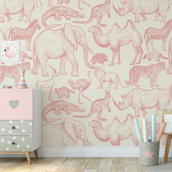 Wild Animals Pink Wallpaper, Lion Elephant Giraffe Watercolor animal Nursery Wall Decor