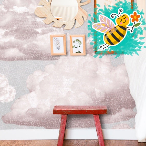 Dreamy Pink Clouds on Soft Grey Wallpaper - Perfect for a Little Girl's Room, Pink an Grey Nursery Aesthetic, Blush Pink Wall Decor