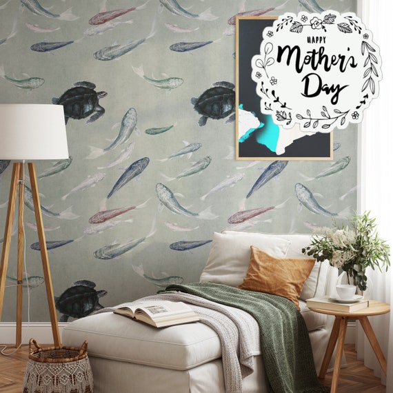 Japanese Koi Fish Wallpaper with turtle, Sea World Marine Wall Decor in Pastel Color, fish in pond Wall Art