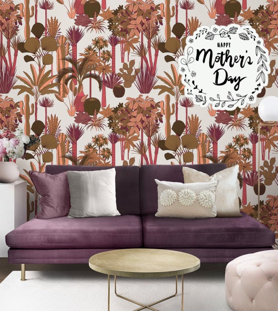 Floral Pink Leafs and Trees Jungle Wallpaper, Wild Rainforest Wall Decor, Garden Wall Art
