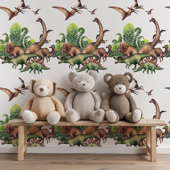 Dinosaur Wall Mural Nursery Wallpaper - White & Green Dino Watercolor Theme for Kids Room Decor