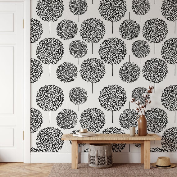 Dandelion Wallpaper for Pastel Room Decor, Black and White Floral Wall Art with Dandelions Seed