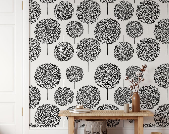 Dandelion Wallpaper for Pastel Room Decor, Black and White Floral Wall Art with Dandelions Seed