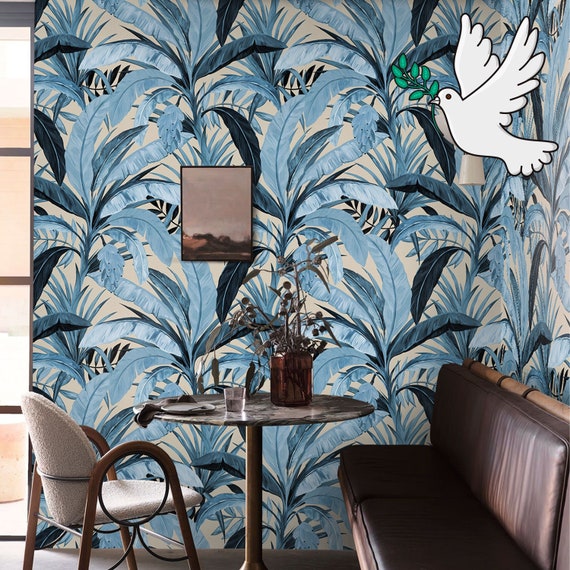 Aesthetic Light Blue Jungle Wallpaper, Banana Leaves Wall Decore for Cobalt Blue Decor