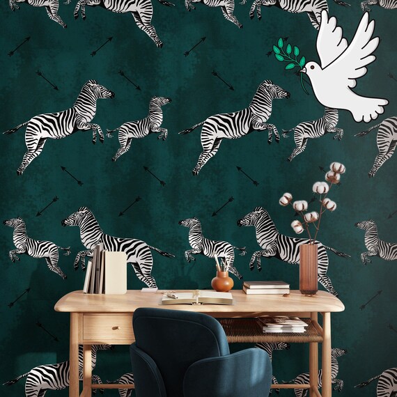 Zebra with Arrow Wallpaper, Savanna Animals Wall Mural, Green Flying Zebra Wallpaper, Zebras Wall Decor