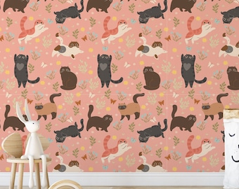 Funny Cats Pink Wallpaper for Blush Kids Room, Cat Wall Decor Nursery Art for Accent Wall