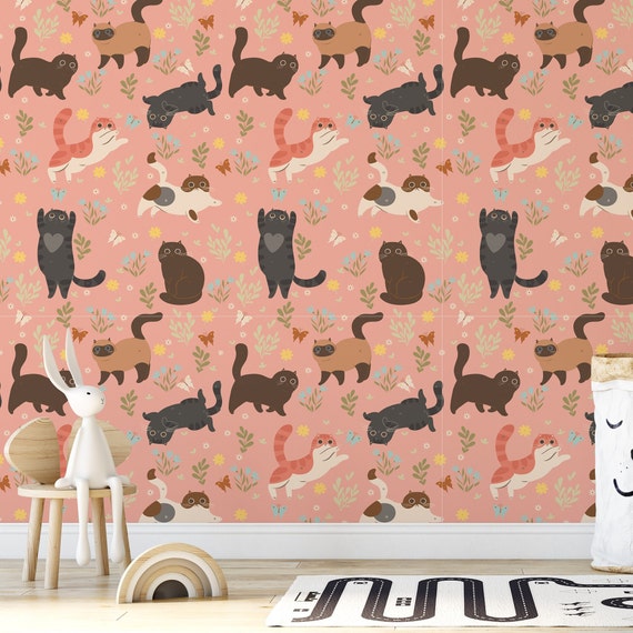 Funny Cats Pink Wallpaper for Blush Kids Room, Cat Wall Decor Nursery Art for Accent Wall