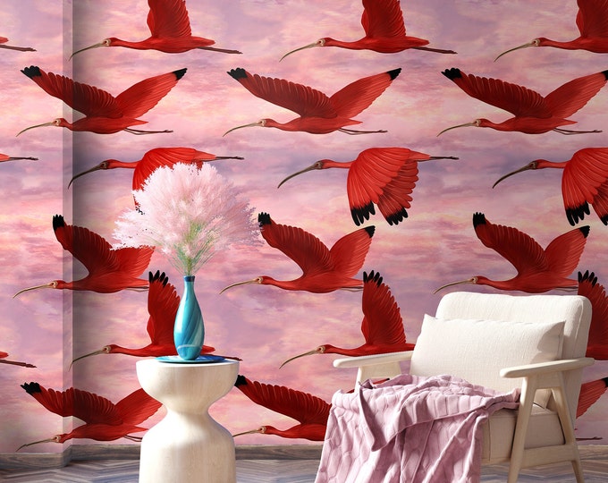 Scarlet Ibis Bird Wallpaper at Sunset, Tropical birds Indie room decor, dramatic wall covering