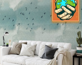 Extra Large Wall Art Flock Birds Nature Wallpaper, Watercolor Green Landscape painting Flying Birds Wall Decor