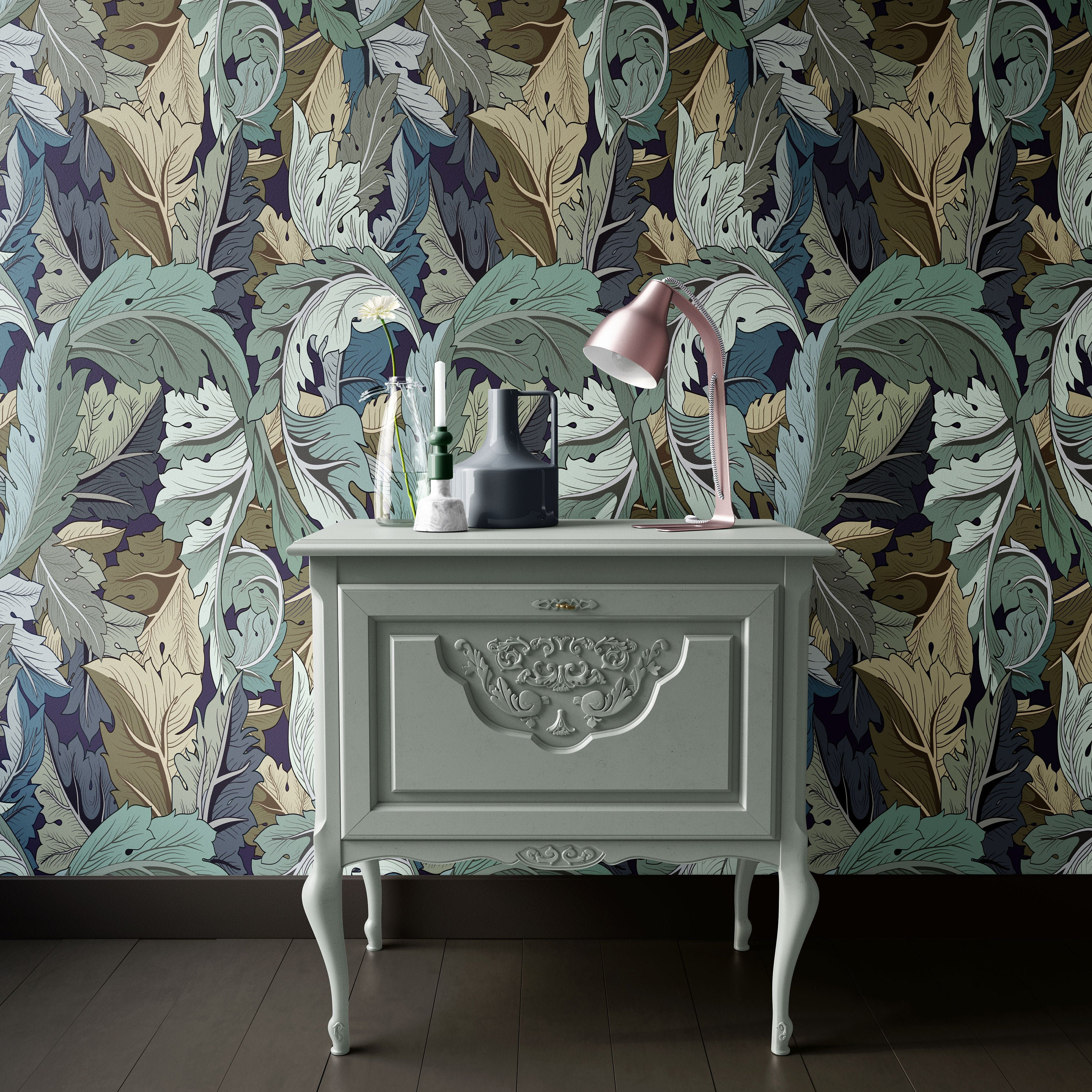 Art Nouveau Victorian Wallpaper Floral Damask for Wall Decore, Blue and