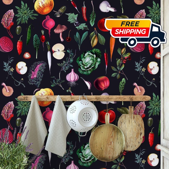 Vintage Vegetables Kitchen Wallpaper, Retro Kitchen Veggie Wall decor, Farmhouse Wall Art